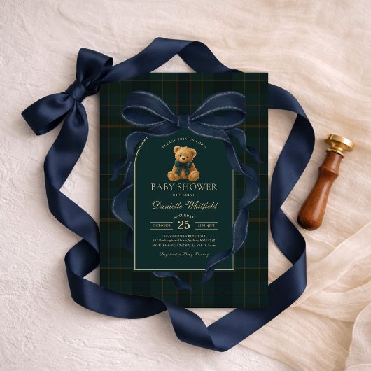Invitation Navy Blue Bow Plaid Teddy Bear Boy Baby Shower