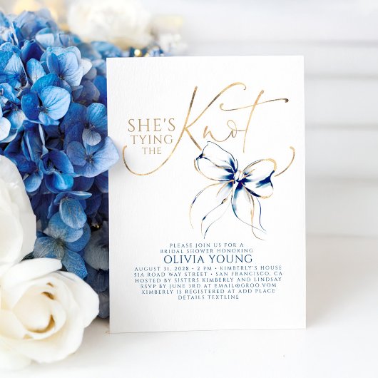 Invitation Navy Blue Bow She's Tying The Knot Bridal Shower