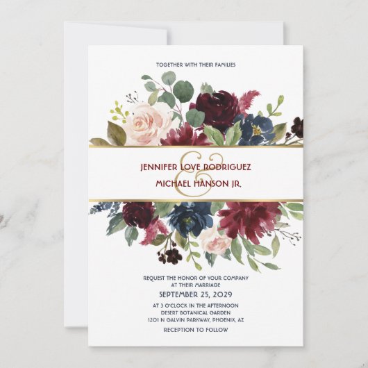 Invitation Navy Blue & Burgundy Boho Floral Wedding Invitatio (Devant)