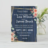 Invitation Navy Blue Burgundy Gold Blush wood Wedding (Debout devant)