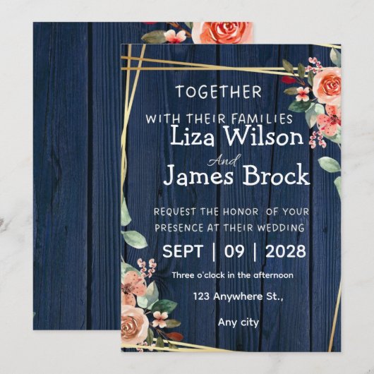 Invitation Navy Blue Burgundy Gold Blush wood Wedding (Devant / Derrière)