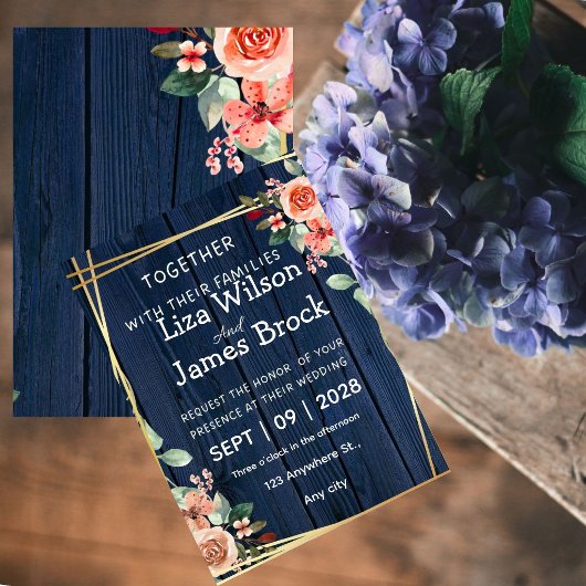 Invitation Navy Blue Burgundy Gold Blush wood Wedding
