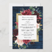 Invitation Navy Blue Burgundy Rustic Budget QR Code Wedding (Devant)