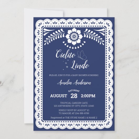 Invitation Navy Blue Cielito Lindo Papel Picado Baby Shower (Devant)
