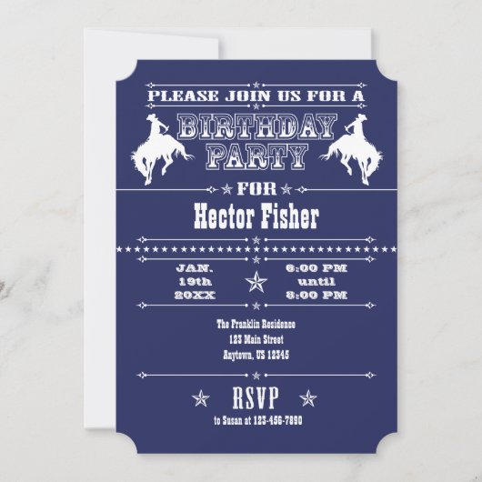 Invitation Navy Blue Cowboy Rodéo Anniversaire Fête Invitatio (Devant)