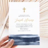 Invitation Navy Blue Croix Dorée Baptême Garçon