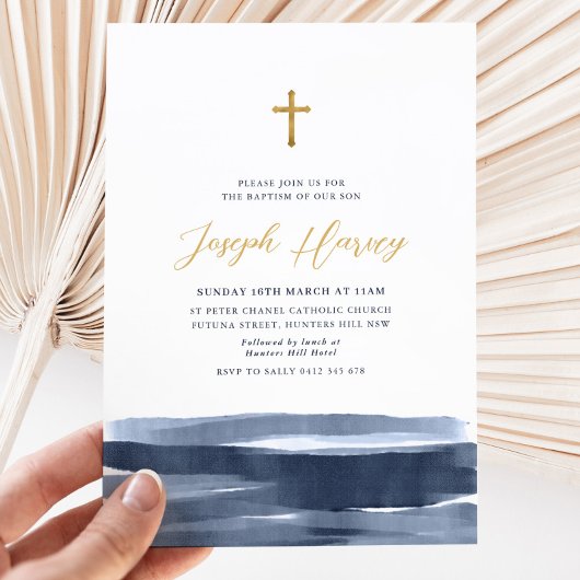 Invitation Navy Blue Croix Dorée Baptême Garçon  