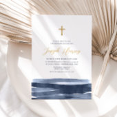 Invitation Navy Blue Croix Dorée Baptême Garçon