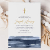 Invitation Navy Blue Croix Dorée Baptême Garçon