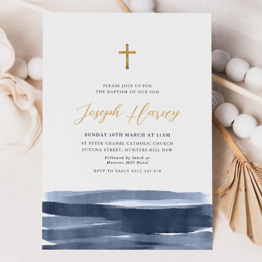 Invitation Navy Blue Croix Dorée Baptême Garçon  
