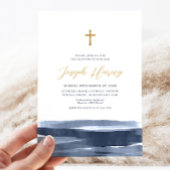 Invitation Navy Blue Croix Dorée Baptême Garçon  