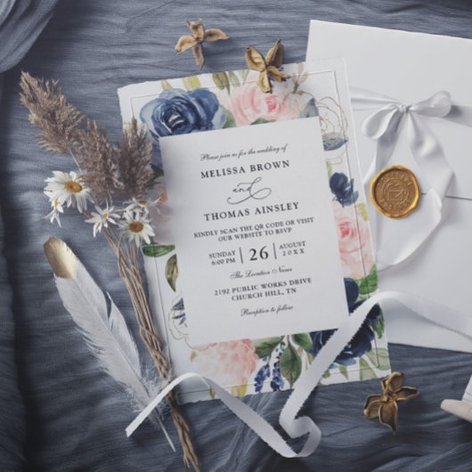Invitation Navy Blue Dusty Floral Budget QR Code Wedding