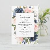 Invitation Navy Blue Dusty Floral Budget QR Code Wedding (Debout devant)
