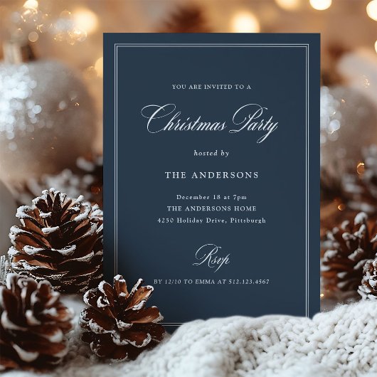 Invitation Navy Blue Élégance Classique | Fête de Noël