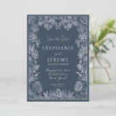 Invitation Navy Blue Elegant Botanical Enregistrer la date (Debout devant)