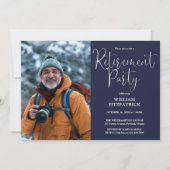 Invitation Navy Blue Elegant Script Photo Retraite Party (Devant)