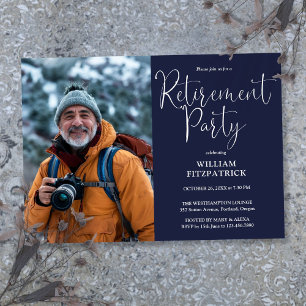 Invitation Navy Blue Elegant Script Photo Retraite Party