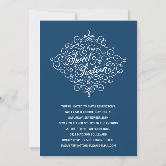 Invitation Navy Blue Elegant Sweet 16 Anniversaire (Devant)