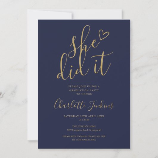 Invitation Navy Blue Elle L'A Fait Script Photo Graduation Pa (Devant)