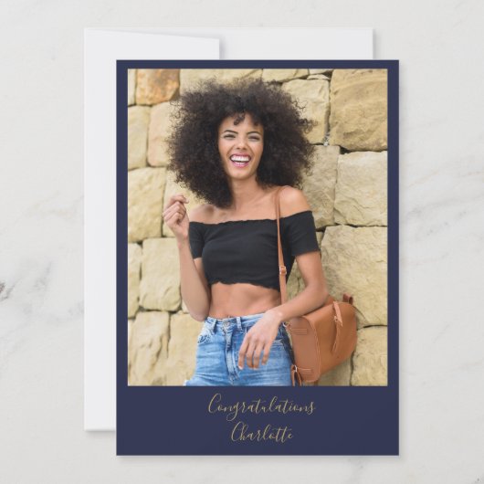 Invitation Navy Blue Elle L'A Fait Script Photo Graduation Pa (Dos)