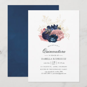 Invitation Navy Blue et Roses Roses Blush Pink Quinceañera Vi