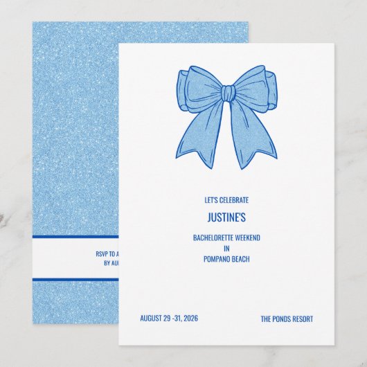 Invitation Navy + Blue Faux Glitter Bow  (Devant / Derrière)