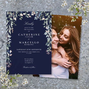 Invitation Navy Blue Fleurs Sauvages Photo Mariage Floral