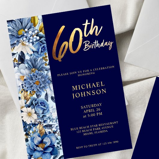 Invitation Navy Blue Floral 60e fête d'anniversaire