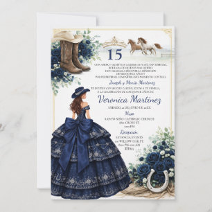 Invitation Navy Blue Floral Charro Princess 15 Ans Espagnol