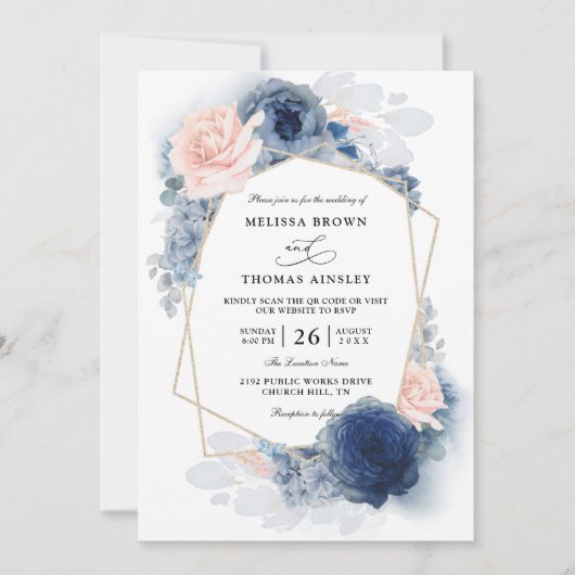 Invitation Navy Blue Floral Dusty Budget QR Code Wedding (Devant)
