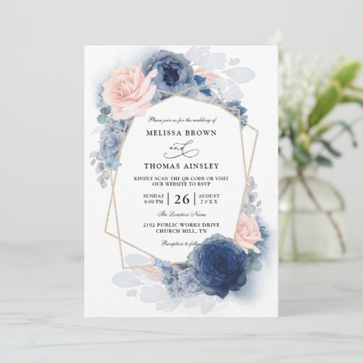Invitation Navy Blue Floral Dusty Budget QR Code Wedding (Debout devant)
