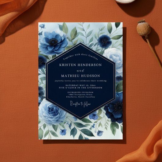 Invitation Navy Blue Floral Elegance Wedding
