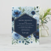 Invitation Navy Blue Floral Elegance Wedding (Debout devant)