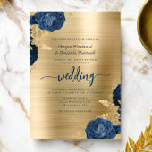 Invitation Navy Blue Floral Gold Brushed Metal Wedding
