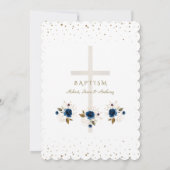 Invitation Navy Blue Floral Gold Triplets Boys Baptism   (Dos)