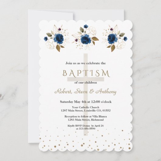 Invitation Navy Blue Floral Gold Triplets Boys Baptism   (Devant)