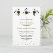Invitation Navy Blue Floral Gold Triplets Boys Baptism   (Debout devant)