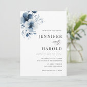 Invitation Navy Blue Floral Minimal Plain All in One Wedding (Debout devant)