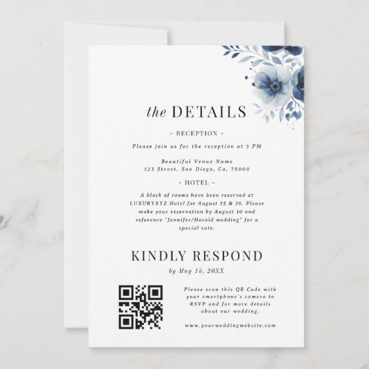 Invitation Navy Blue Floral Minimal Plain All in One Wedding (Dos)
