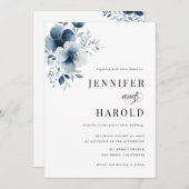 Invitation Navy Blue Floral Minimal Plain All in One Wedding (Devant / Derrière)