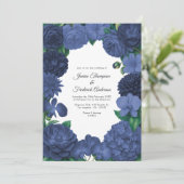Invitation Navy Blue Floral Photo and QR Code Wedding (Debout devant)