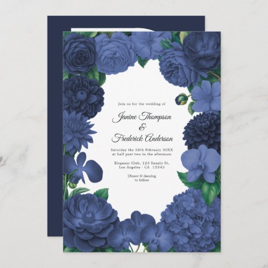 Invitation Navy Blue Floral Photo and QR Code Wedding (Devant / Derrière)
