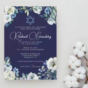 Invitation Navy Blue Floral Star of David Bat Mitzvah