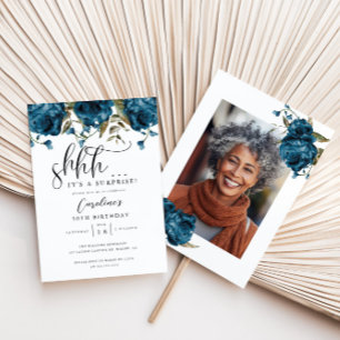 Invitation Navy Blue Floral Surprise fête d'anniversaire