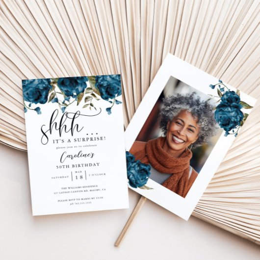 Invitation Navy Blue Floral Surprise fête d'anniversaire