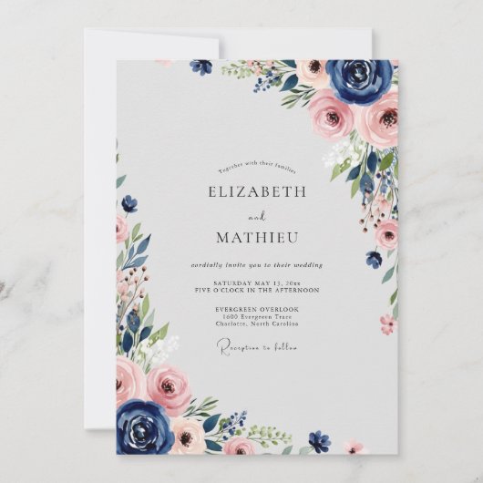Invitation Navy Blue Flourishing Spring Wedding (Devant)