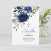 Invitation Navy Blue Flowers Baptême 1er anniversaire fête (Debout devant)