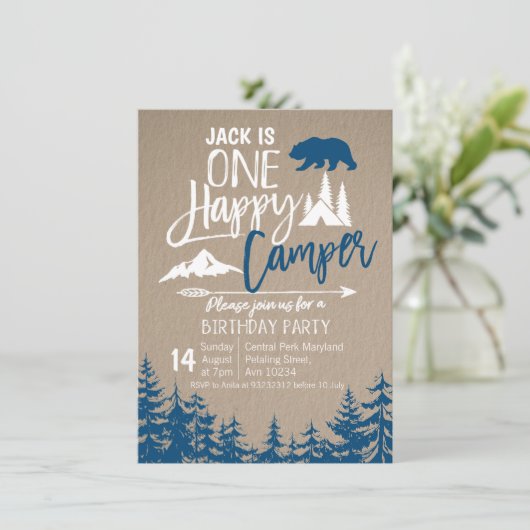 Invitation Navy Blue Forest Camping Fête d'anniversaire (Debout devant)