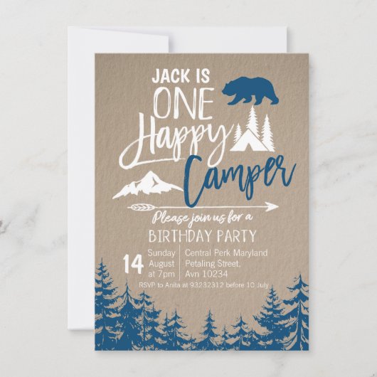 Invitation Navy Blue Forest Camping Fête d'anniversaire (Devant)