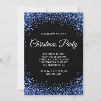 Invitation Navy Blue Glitter Border Black Christmas Party